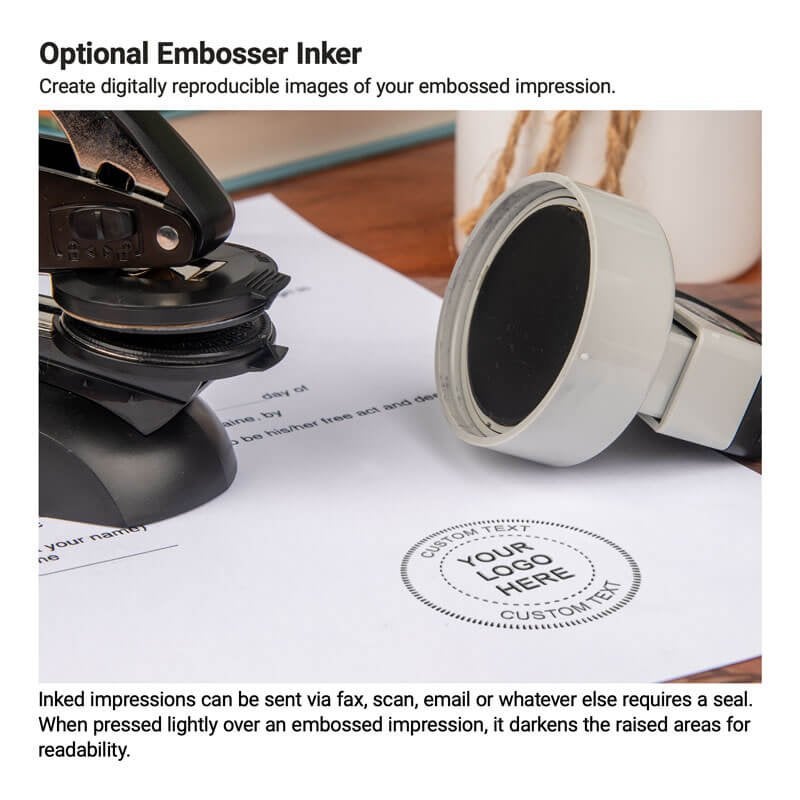 Close-up of an embossed paper with a round ink pad nearby, illustrating how optional inker darkens raised impressions for scanning or digital sharing