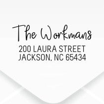 Workman Address Stamp design close up on an envelope